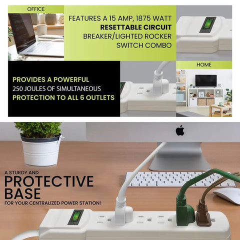 Heavy Duty 6 Outlet Surge Protector With Mountable Design and 6 Ft Cord, shown on an office desk with connected devices.