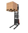 Heavy Duty 3300 Lbs Electric Pallet Stacker With Manual Push Handles For No Sweat Warehouse Loading and Industrial Grade Material Handling Rigs Built To Last lifting stacked boxes on a pallet.