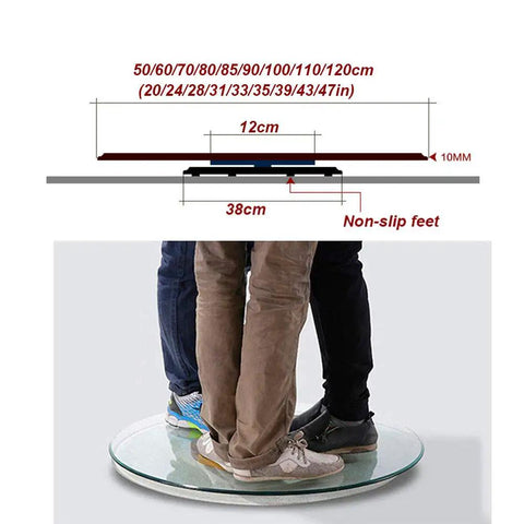 Large Glass Turntable With 42 Steel Bearings For Ultra Smooth Rotation supporting people standing, size dimensions shown