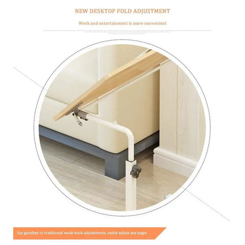 Height Adjustable Mobile Laptop Desk Featuring Smooth Glide Casters And Secure Lock Brakes For Flex Angle Adjustments and Kick Back Living Room Or Home Office Ease showing convenient new desktop fold adjustment mechanism.