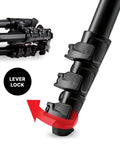 Close-up of Befree Advanced Camera Tripod with lever closure showcasing lightweight aluminum build for DSLR and mirrorless cameras.