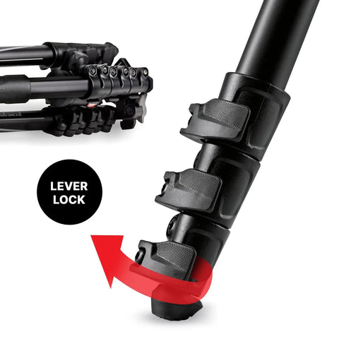 Close-up of Befree Advanced Camera Tripod with lever closure showcasing lightweight aluminum build for DSLR and mirrorless cameras.