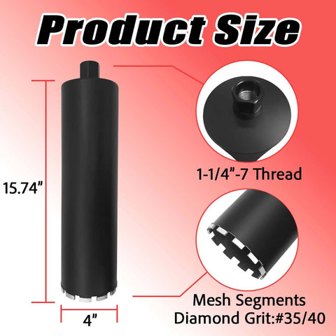 Front view: KELINER 4-inch diamond concrete core drill bit, black laser-welded, 1-1/4–7 inch thread, diamond grit #35/40