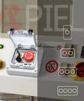 IP67 Outdoor Waterproof Button Switch Box with Emergency Stop Button Protective Cover in industrial control setting.