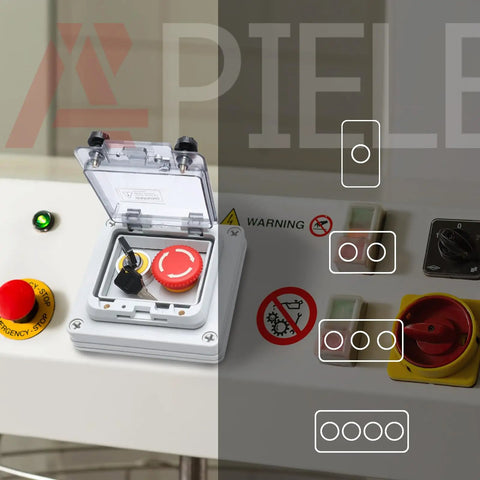 IP67 Outdoor Waterproof Button Switch Box with Emergency Stop Button Protective Cover in industrial control setting.