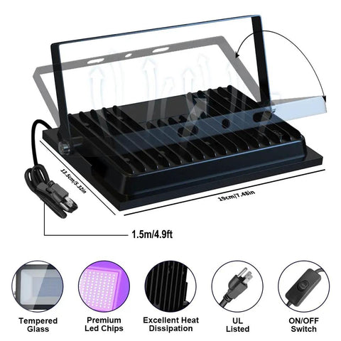 Diagram of 2 Pack 60W LED Black Light Flood Lights, showing tempered glass cover, premium LED chips, and power plug.