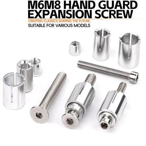 Coated Expansion Bolts For Motorcycle And Electric Bike Reflector Built Tough Ride Ready Secure No Loosening On Rides Durable Universal Fit Screws 2 Pack For Safer Smoother Rides with M6M8 hand guard expansion screws displayed on a white background.