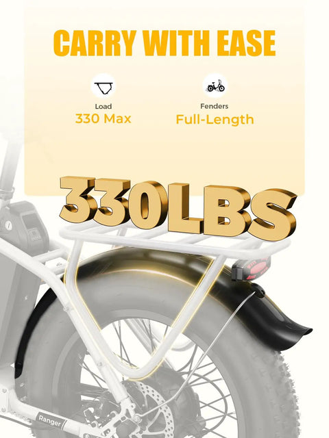 Ranger 2.0 Electric Bike Rollin Easy At 25 Mph With A Beefy 55 Mile Range 48V 15Ah Battery 500W Motor with 330 lbs load capacity.