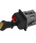 Close-up of cab-mounted proportional control valves with PTO switch for heavy-duty dump tipper hydraulic system, remote controlled