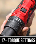 Close-up of PWR CORE 20 Brushless 20V Cordless Hammer Drill Kit with 17+ torque settings, featuring red and black design.