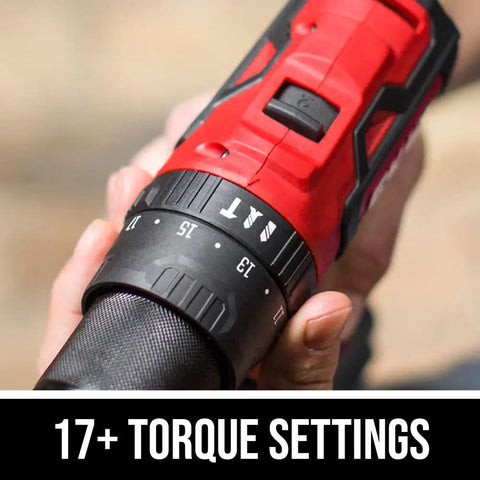 Close-up of PWR CORE 20 Brushless 20V Cordless Hammer Drill Kit with 17+ torque settings, featuring red and black design.