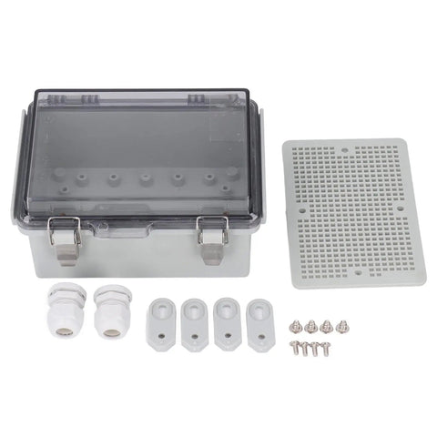 Rugged Outdoor Electrical Junction Box With IP67 ABS Enclosure, grid mounting plate, clear cover, and stainless steel door lock