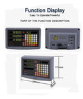3 Axis Digital Readout DRO for precision linear scale encoders showing front, back, and side views with dimensions marked.