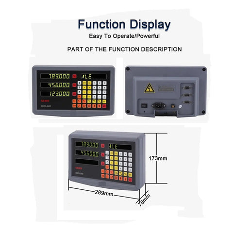 3 Axis Digital Readout DRO for precision linear scale encoders showing front, back, and side views with dimensions marked.