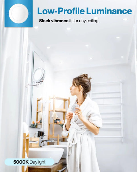 Bathroom with woman under 16 Pack 6 Inch Ultra Thin LED Recessed Ceiling Lights With Smooth Trim 5000K Daylight Dimmable 14W Equal 100W