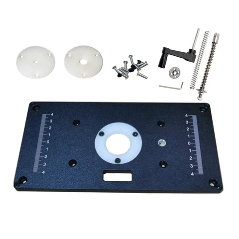 Commercial Grade Aluminum Router Table Insert Plate With Precision Centering Bushing and mounting accessories, 235 x 120 mm size plate.
