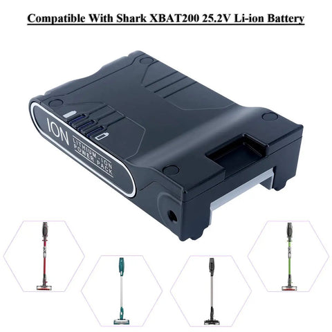 Ion power pack compatible with Shark XBAT200 25.2V Li-ion battery, shown with compatible vacuum models.