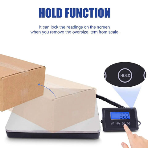 Heavy Duty Digital Shipping Scale With Durable Stainless Steel Deck And Rock Solid 396 Pound Capacity shows hold function with package on scale.