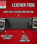 Close-up of Heavy Duty Leather Frog For Swords MOLLE Compatible Carry System with buckle straps and MOLLE tactical connection.