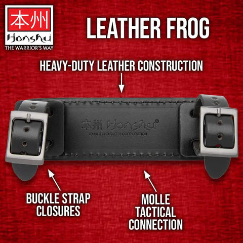 Close-up of Heavy Duty Leather Frog For Swords MOLLE Compatible Carry System with buckle straps and MOLLE tactical connection.