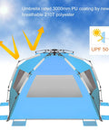 XXLarge Beach Tent Sun Shelter For 5 To 6 People Instant Pop Up Beach Shade Portable Blue with UV protection symbols