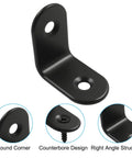 Heavy Duty Black 12 Pack Of 1 Inch Stainless Steel L Brackets With Screws Straight Up Solid Woodworking Corner Supports Built Different For DIY And Furniture Buildouts detailed view showing round corner design and right angle structure.