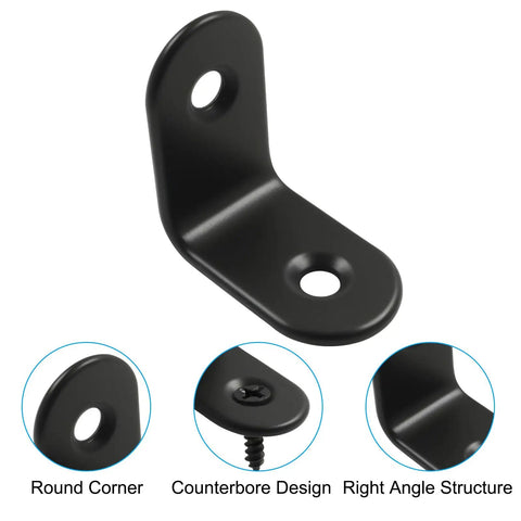 Heavy Duty Black 12 Pack Of 1 Inch Stainless Steel L Brackets With Screws Straight Up Solid Woodworking Corner Supports Built Different For DIY And Furniture Buildouts detailed view showing round corner design and right angle structure.