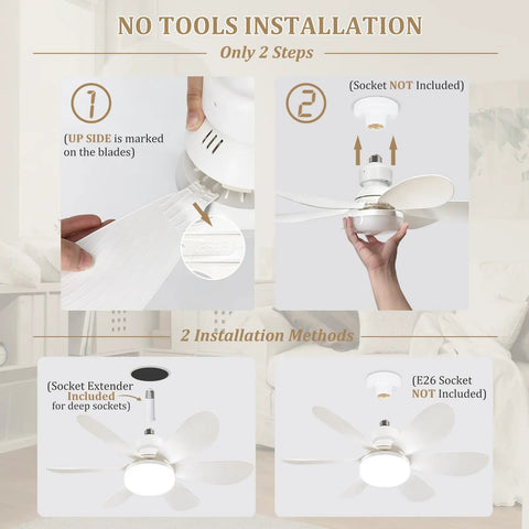Compact 20.5 Inch Ceiling Fan With Built In Light And Wireless Remote installation guide showing two steps and options.