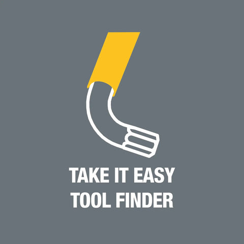 Icon depicting a Long Arm Hex Key Set, 4 Piece, 4.0mm Ball End L Keys, 137mm Length, Hex Plus Ready, Yellow Finish with text 'Take It Easy Tool Finder'.