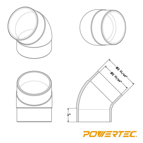 Technical drawing of a Two Point Five Inch 45 Degree Elbow Dust Collection Fitting ABS Plastic Black Durable Connector For Shop Vacuums And Dust Collection Systems That Fits Most Two And A Half Inch Ports In Home Woodworking And Garage Workshops.