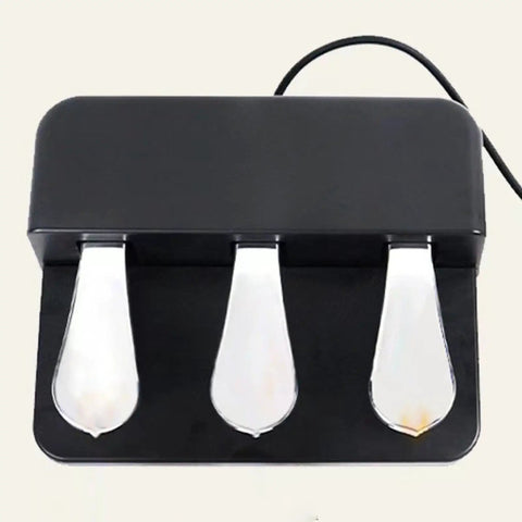 Three Pedal Sostenuto Sustain Pedal Board for MIDI Controllers and Digital Pianos, black top view, featuring silent soft action