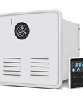 On Demand Compact Tankless Propane Water Heater Using 12 Volt Direct Current, front view with control panel.