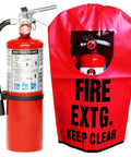 Killer Grade Class ABC Dry Chemical Fire Extinguisher with red weather cover and clear safety sign, ideal for garage or shop use.