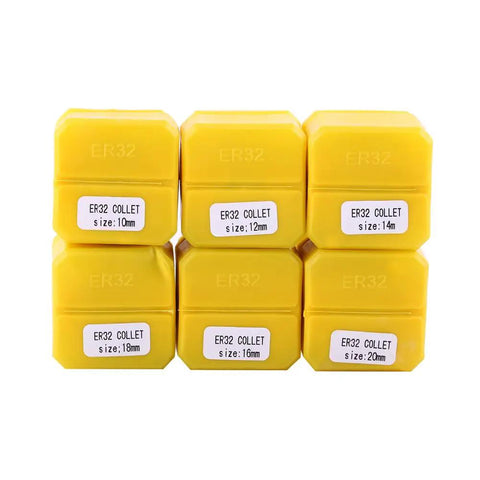 Premium High Precision 65Mn Spring Collet Set For CNC Milling And Engraving Machines With Tight Runout Tolerance Under 0.008mm, set of six yellow ER32 collets in various sizes, 10mm to 20mm.