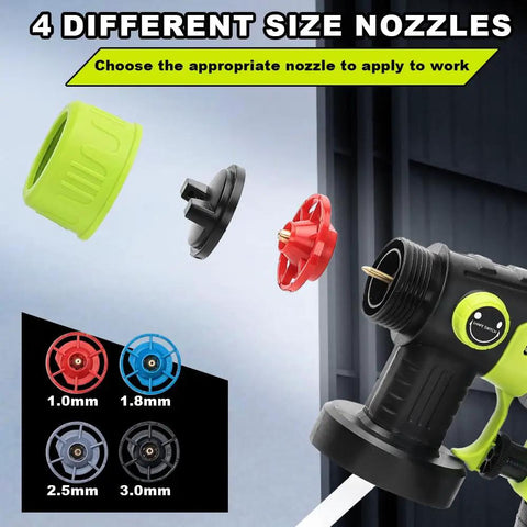 HVLP Paint Sprayer With Brushless Motor And Precise Flow Control showing four interchangeable nozzles for different spray sizes.