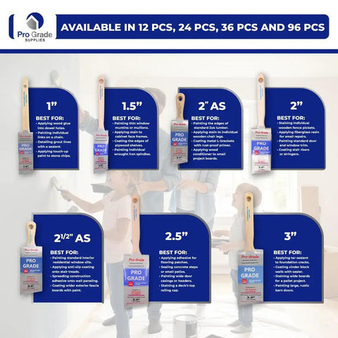 Display of Pro Grade paint brush sizes, including 2 Inch Angled Paint Brush Set 3 Pack For Precise Cutting In Trim Baseboards Walls And Cabinets Sash Brushes For Detail Work With Latex And Oil Based Paints.