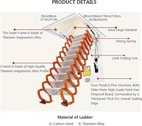 Heavy Duty Electric Pull Down Attic Ladder With Remote Control Fold Away Loft Staircase Built Like A Tank showing details of titanium-magnesium alloy construction.