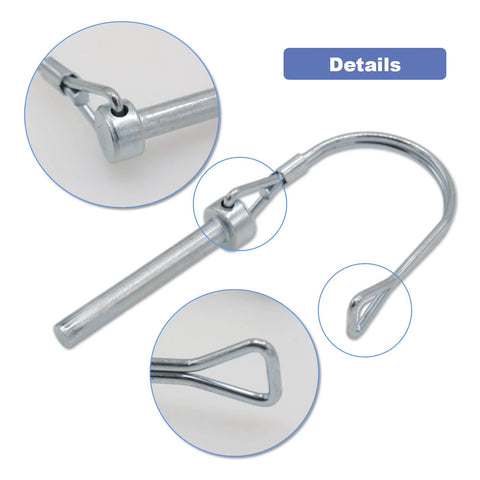 Close-up of Beefy Built Tough Heavy Duty Safety Coupler Hitch Pins 1/4 X 1-3/4 Inch Zinc Plated, showing loop design and locking