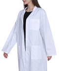 Pro Grade Lab Coat For Women In Cotton Blend Long Sleeve Medical Coat White Durable Unisex Fit. Side view.