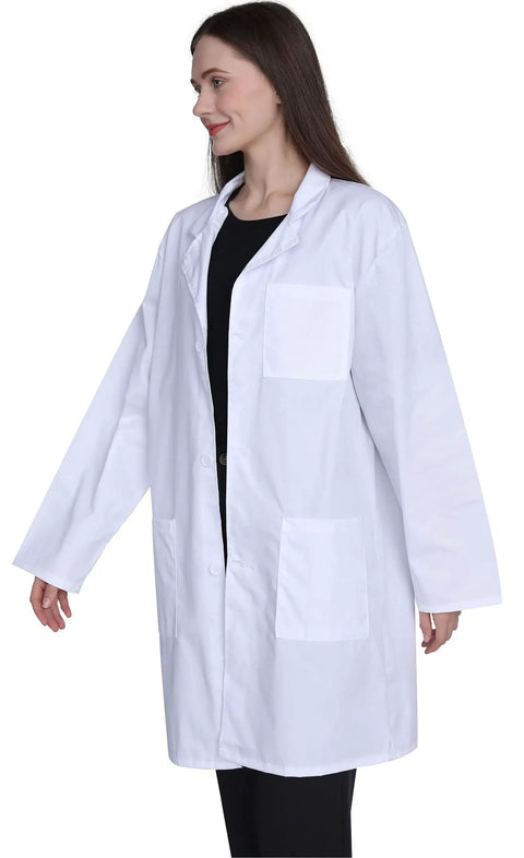 Pro Grade Lab Coat For Women In Cotton Blend Long Sleeve Medical Coat White Durable Unisex Fit. Side view.