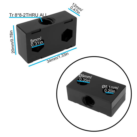 Two Pack 8mm Lead Screw Nut Block For OpenBuilds 3D Printer Workstations, 34mm L, 20mm W, 12mm H, black aluminum, size details