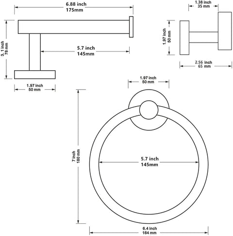 Diagram of Brushed Gold Stainless Steel Bathroom Hardware Set With Hand Towel Ring, Toilet Paper Holder, Two Robe Hooks, dimensions shown