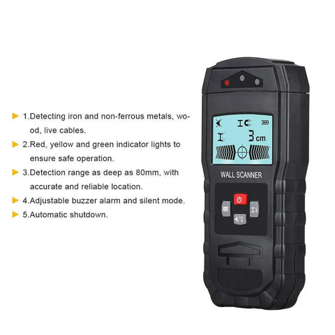 4 In 1 Electronic Stud Finder Wall Scanner To Nail Center Detection And Sound Alerts For Scouting Wooden Studs Copper Pipe Metal Clips Plus Live Ac Cables Making Home Repair A Breeze For Any Garage Tinkerer, display showing depth and indicator lights.