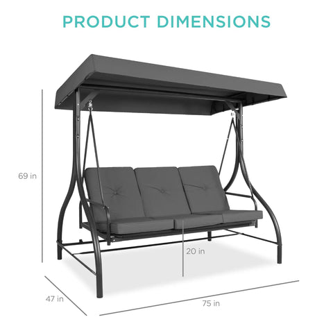 Dimensions of Three Seat Outdoor Canopy Swing Glider With Convertible Flatbed Patio Hammock shown in gray with powder-coated frame
