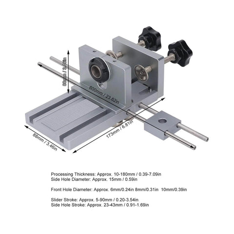 Dowel Jig Kit With Quick Release, Pro Grade Self Centering And Adjustable 6mm 8mm 10mm Drill Sleeve Options, 3 In 1 Biscuit Joiner Set, shown with measurements