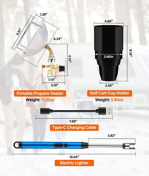 Portable Golf Cart Heater With Cup Holder And Gas Regulator, 6200 BTU Propane Heater With Windproof USB Igniter dimensions