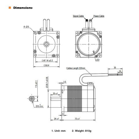 Technical diagram of Integrated Closed-Loop Stepper Motor With Built-In Encoder, dimensions and cable layout shown.
