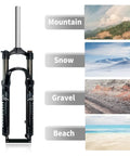 26 Inch Mountain Bike Suspension Fork With 100mm Travel Mechanical Lockout shown with terrain compatibility options