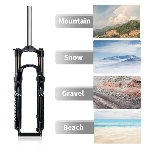 26 Inch Mountain Bike Suspension Fork With 100mm Travel Mechanical Lockout shown with terrain compatibility options