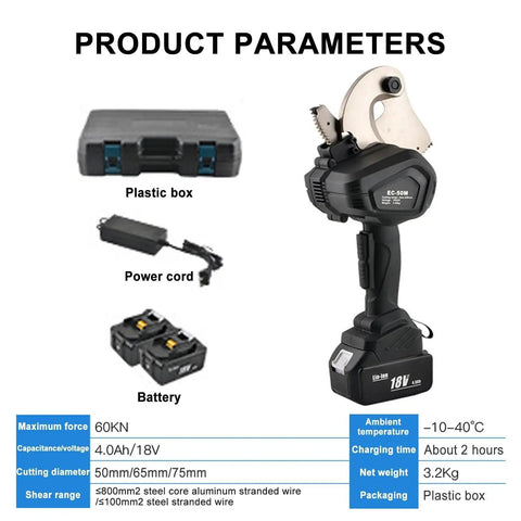 Heavy Duty Electric Hydraulic Cable Cutter With Ratchet Action in a plastic box, with power cord and battery visible.